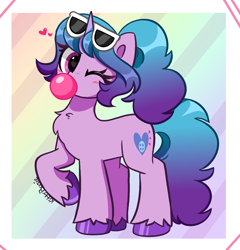 Size: 3847x4012 | Tagged: safe, artist:kittyrosie, character:izzy moonbow, species:pony, species:unicorn, g5, abstract background, alternate hairstyle, blushing, bubblegum, candy, chest fluff, cute, female, food, gradient hair, gum, heart, izzybetes, looking at you, mare, one eye closed, ponytail, raised hoof, solo, sunglasses, wink