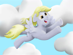 Size: 1280x960 | Tagged: safe, artist:doodledonut, character:derpy hooves, species:pegasus, species:pony, g4, cloud, cloudy, female, flying, mare, open mouth, open smile, sky, smiling, solo