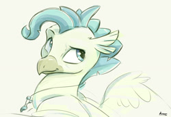 Size: 1457x995 | Tagged: safe, artist:kamdrawings, character:terramar, species:classical hippogriff, species:hippogriff, g4, bust, cream background, jewelry, male, necklace, portrait, signature, simple background, smiling, solo