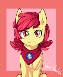 Size: 1639x2000 | Tagged: safe, artist:yumeyuuheii, character:apple bloom, species:earth pony, species:pony, g4, apple family member, clothing, eyebrows, eyebrows visible through hair, female, filly, looking at you, neckerchief, older, scar, signature, simple background, solo, teenage apple bloom, young