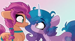Size: 1200x666 | Tagged: safe, artist:nekro-led, artist:nekroled, character:izzy moonbow, character:sunny starscout, species:earth pony, species:pony, species:unicorn, ship:starbow, g5, abstract background, blushing, braid, bust, curly hair, cute, cutie mark, ear fluff, eyebrows, female, gradient hair, harness, horn, imminent kissing, leaning back, leaning forward, lesbian, open mouth, scene interpretation, shading, shipping, staring contest, surprised, tack