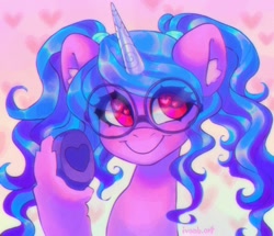Size: 1200x1032 | Tagged: safe, artist:p0nyplanet, character:izzy moonbow, species:pony, species:unicorn, g5, abstract background, alternate hairstyle, bust, c:, colored pupils, cute, ear fluff, eye clipping through hair, female, glasses, gradient mane, heart, heart eyes, heart hoof, izzybetes, looking at you, mare, pigtails, raised hoof, simple background, smiling, solo, twintails, underhoof, unshorn fetlocks, wingding eyes