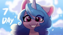 Size: 1200x683 | Tagged: safe, artist:oofycolorful, character:izzy moonbow, species:alicorn, species:pony, g5, blushing, bust, cute, eye clipping through hair, eyebrows, eyebrows visible through hair, female, izzybetes, looking at you, mare, smiling, solo, starry eyes, text