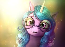 Size: 1100x799 | Tagged: safe, artist:magfen, character:izzy moonbow, species:pony, species:unicorn, g5, beautiful, cute, female, glasses, gradient hair, izzybetes, mare, open mouth, signature, solo
