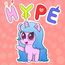 Size: 2160x2160 | Tagged: safe, artist:limitmj, character:izzy moonbow, species:pony, species:unicorn, g5, abstract background, balloon, cute, female, gradient hair, izzybetes, looking at you, mare, missing cutie mark, open mouth, raised hoof, solo