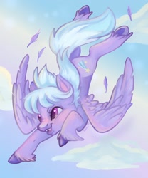 Size: 1500x1800 | Tagged: safe, artist:funkyfurs, character:cloudchaser, species:pegasus, species:pony, g4, cloud, colored hooves, colored pupils, feather, female, flying, hooves, mare, open mouth, sky, solo, spread wings, underhoof, unshorn fetlocks, wings