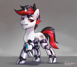 Size: 2296x2000 | Tagged: safe, artist:jedayskayvoker, oc, oc only, oc:blackjack, species:pony, species:unicorn, fallout equestria, fallout equestria: project horizons, g4, colored pupils, crossover, cyber legs, eyebrows, eyebrows visible through hair, facial hair, fallout, fanfic art, lidded eyes, male, raised hoof, rule 63, sketch, solo, stallion