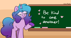 Size: 2851x1528 | Tagged: safe, artist:kittyrosie, character:izzy moonbow, species:pony, species:unicorn, g5, blushing, chalkboard, eyes closed, female, glasses, gradient hair, mare, missing cutie mark, raised hoof, signature, solo, text