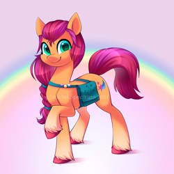 Size: 900x900 | Tagged: safe, artist:scarlet-spectrum, character:sunny starscout, species:earth pony, species:pony, g5, abstract background, badge, bag, braid, colored hooves, colored pupils, cute, female, hooves, looking at you, mare, rainbow, raised hoof, saddle bag, satchel, simple background, smiling, solo, sunnybetes, unshorn fetlocks
