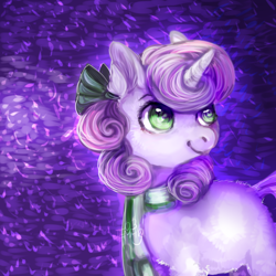 Size: 700x700 | Tagged: safe, artist:temary03, character:sweetie belle, species:pony, species:unicorn, g4, abstract background, bow, clothing, cute, diasweetes, female, filly, hair bow, scarf, solo, three quarter view, young
