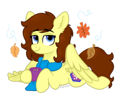 Size: 2000x1556 | Tagged: safe, artist:pink-pone, oc, oc only, species:pegasus, species:pony, g4, clothing, eyebrows, eyebrows visible through hair, female, leaves, looking at you, lying down, mare, mug, prone, scarf, simple background, solo, transparent background
