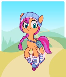 Size: 1036x1200 | Tagged: safe, artist:dawnfire, character:sunny starscout, species:earth pony, species:pony, g5, bag, braid, eye clipping through hair, female, helmet, mare, rollerblades, saddle bag, solo
