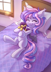 Size: 2480x3508 | Tagged: safe, artist:dandy, oc, oc only, species:bat pony, species:pony, g4, bat wings, bed, blushing, cute, eyes closed, female, hug, lying down, lying on bed, mare, ocbetes, plushie, raffle prize, smiling, solo, toy, wings