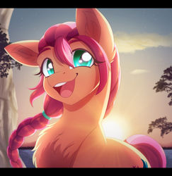 Size: 2500x2577 | Tagged: safe, artist:_ladybanshee_, character:sunny starscout, species:earth pony, species:pony, g5, braid, chest fluff, cliff, colored pupils, ear fluff, female, happy, looking at you, mare, ocean, open mouth, open smile, outdoors, smiling, solo, sun, sunrise