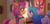 Size: 3694x1787 | Tagged: safe, alternate version, artist:oofycolorful, character:izzy moonbow, character:sunny starscout, species:earth pony, species:pony, species:unicorn, ship:starbow, g5, my little pony: a new generation, blushing, chest fluff, colored eyebrows, colored pupils, countdown, eye clipping through hair, floppy ears, gradient hair, open mouth, profile, scene interpretation, scrunchy face, shipping, staring contest, starry eyes, textless
