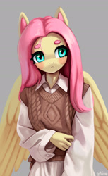 Size: 1607x2628 | Tagged: safe, artist:mrscroup, character:fluttershy, species:anthro, species:pegasus, g4, clothing, colored eyebrows, eyebrows, female, gray background, mare, oversized clothes, oversized shirt, shirt, signature, simple background, solo, spread wings, stray strand, sweater, sweater vest, sweatershy, wings