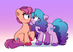 Size: 6800x4900 | Tagged: safe, artist:kittyrosie, character:izzy moonbow, character:sunny starscout, species:earth pony, species:pony, species:unicorn, ship:starbow, g5, absurd resolution, blushing, boop, female, gradient background, gradient hair, lesbian, looking at each other, open mouth, shipping