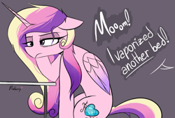 Size: 1337x898 | Tagged: safe, artist:mulbmerl, artist:pinkberry, character:princess cadance, species:alicorn, species:pony, g4, cadance is not amused, dialogue, drawpile, female, frown, head on hoof, implied flurry heart, mare, messy mane, offscreen character, simple background, solo, speech, stray strand, table, talking, text, tired, unamused