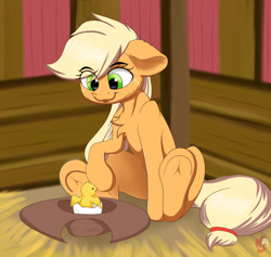 Size: 1280x1213 | Tagged: safe, artist:joaothejohn, character:applejack, species:bird, species:earth pony, species:pony, g4, applejack's hat, chest fluff, chick, clothing, cowboy hat, cute, egg, eye clipping through hair, eyebrows, eyebrows visible through hair, female, frog (hoof), hat, hatching, hay, hooves, jackabetes, mare, raised hoof, sitting, solo, stetson, underhoof