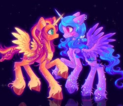 Size: 2048x1762 | Tagged: safe, artist:p0nyplanet, character:izzy moonbow, character:sunny starscout, species:alicorn, species:pony, ship:starbow, g5, alicornified, blushing, female, gradient hair, holding hooves, jewelry, lesbian, looking at each other, race swap, shipping, simple background