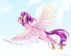 Size: 3332x2625 | Tagged: safe, artist:gaelledragons, character:pipp petals, species:pegasus, species:pony, g5, colored wings, feathered fetlocks, female, flapper, flying, high res, mare, multicolored wings, open mouth, outdoors, part of a full image, pipp wings, sky, smiling, solo, spread wings, two toned wings, unshorn fetlocks, wings