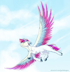 Size: 2586x2640 | Tagged: safe, artist:gaelledragons, character:zipp storm, species:pegasus, species:pony, g5, chest fluff, cloud, colored wings, ear fluff, feather, female, floppy ears, flying, high res, hoof fluff, hooves, majestic, mare, multicolored wings, sky, solo, spread wings, unshorn fetlocks, wings
