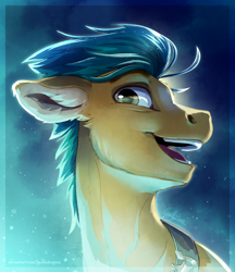 Size: 2592x3000 | Tagged: safe, artist:gaelledragons, character:hitch trailblazer, species:earth pony, species:pony, g5, blaze (coat marking), blue background, bust, floppy ears, gradient background, looking at you, male, open mouth, portrait, profile, simple background, solo, stallion