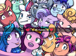 Size: 2720x2019 | Tagged: safe, artist:chub-wub, character:alphabittle blossomforth, character:argyle starshine, character:hitch trailblazer, character:izzy moonbow, character:phyllis cloverleaf, character:pipp petals, character:queen haven, character:sprout, character:sunny starscout, character:zipp storm, species:bird, species:crab, species:earth pony, species:pegasus, species:pony, species:seagull, species:unicorn, g5, blaze (coat marking), blep, cute, daughter, eye clipping through hair, father, father and child, father and daughter, female, glasses, gradient hair, grin, hug, male, mane g5, mare, markings, mother, mother and child, mother and daughter, open mouth, parent and child, pipp wings, selfie, siblings, sisters, smiling, stallion, tongue out, twins, unshorn fetlocks