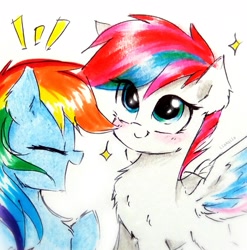 Size: 1851x1875 | Tagged: safe, artist:liaaqila, character:rainbow dash, character:zipp storm, species:pegasus, species:pony, g4, g5, alternate hairstyle, chest fluff, cute, dashabetes, duo, ear fluff, emanata, eye clipping through hair, eyes closed, female, mare, open mouth, profile, simple background, smiling, sparkles, spread wings, traditional art, white background, wings