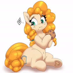 Size: 3329x3312 | Tagged: safe, artist:pabbley, character:pear butter, species:earth pony, species:pony, g4, apple family member, belly button, butt, clothing, cookie, eating, female, food, freckles, frog (hoof), holding, hoof hold, hooves, looking down, mare, plot, simple background, sitting, solo, underhoof, white background