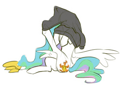Size: 1228x886 | Tagged: safe, artist:nadnerbd, character:princess celestia, species:alicorn, species:pony, g4, bondage, clothing, cute, cutelestia, female, hoodie, majestic as fuck, mare, sillestia, silly, silly pony, simple background, sitting, sketch, solo, spread wings, stuck, tangled up, underhoof, undressing, wardrobe malfunction, white background, wings