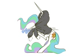 Size: 1211x933 | Tagged: safe, artist:nadnerbd, character:princess celestia, species:alicorn, species:pony, g4, clothing, cute, cutelestia, drawstrings, female, glowing horn, hoodie, implied princess luna, magic, majestic as fuck, mare, sillestia, silly, silly pony, simple background, sitting, sketch, solo, stuck, telekinesis, wardrobe malfunction, white background, wings