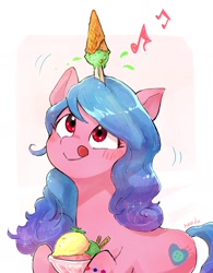 Size: 1102x1412 | Tagged: safe, artist:nendo, character:izzy moonbow, species:pony, species:unicorn, g5, blushing, female, food, food on horn, gradient hair, horn, horn impalement, ice cream, izzy impaling things, looking up, mare, multicolored hair, music notes, red eyes, simple background, smiling, solo, tongue out, white background