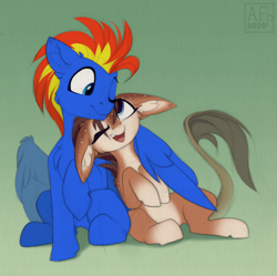 Size: 3500x3491 | Tagged: safe, artist:airfly-pony, oc, oc only, oc:case, oc:wing hurricane, species:pegasus, species:pony, species:unicorn, g4, cute, duo, duo male and female, ear fluff, explicit source, female, floppy ears, friendship, friendshipping, gift art, green background, hug, leonine tail, looking up, male, mare, not shipping, simple background, stallion, tail, winghug, wings