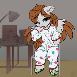 Size: 3364x3364 | Tagged: safe, artist:airfly-pony, oc, oc only, oc:scarlett drop, species:pegasus, species:pony, g4, chair, clothing, computer, cute, drawing tablet, explicit source, eye clipping through hair, eyebrows, eyebrows visible through hair, female, lamp, long hair, looking at you, mare, ocbetes, one eye closed, open mouth, pajamas, shoes, sitting, slippers, solo, spread wings, wings, yawn