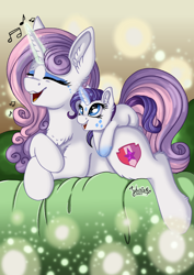 Size: 2894x4093 | Tagged: safe, artist:julunis14, character:rarity, character:sweetie belle, species:pony, species:unicorn, g4, age swap, chest fluff, cute, ear fluff, eyes closed, face paint, female, filly, filly rarity, glowing horn, horn, leg fluff, magic, older, older sweetie belle, open mouth, role reversal, sibling love, siblings, singing, sisterly love, sisters, three quarter view, young, younger