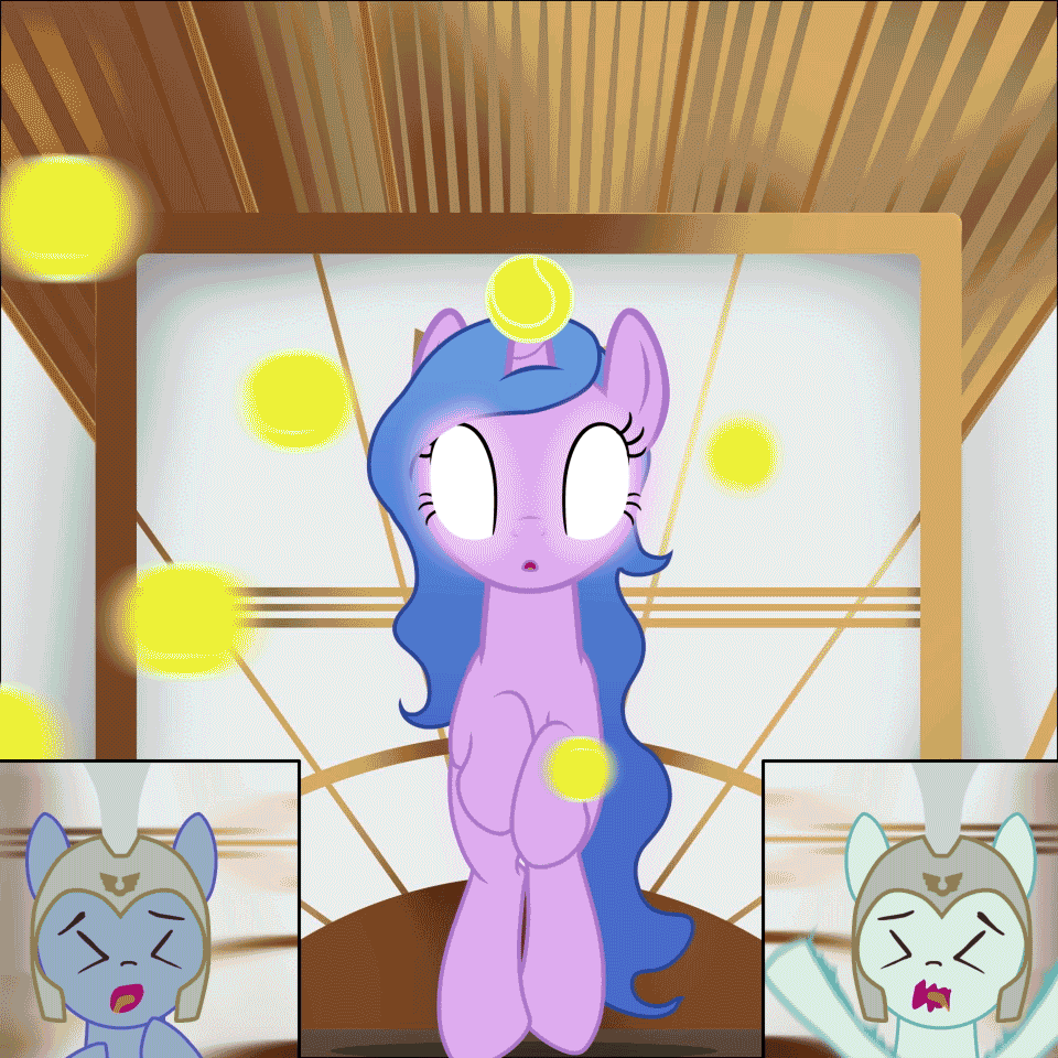 Size: 960x960 | Tagged: safe, artist:hydrusbeta, character:izzy moonbow, species:earth pony, species:pony, species:unicorn, g5, my little pony: a new generation, animated, armor, ball, blinking, childproof horn, cute, eyes closed, female, flailing, glowing, glowing eyes, glowing eyes of doom, glowing horn, gradient hair, guard, helmet, horn, horn impalement, hornball, izzy's tennis ball, levitation, magic, male, mare, open mouth, open smile, panicking, royal guard, screaming, scrunchy face, smiling, stallion, telekinesis, tennis ball, that pony sure does love tennis balls, toy