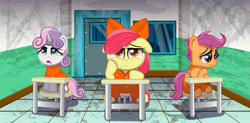 Size: 1273x627 | Tagged: safe, artist:spellboundcanvas, character:apple bloom, character:scootaloo, character:sweetie belle, species:earth pony, species:pegasus, species:pony, species:unicorn, g4, apple bloom's bow, apple family member, bored, bow, classroom, clothing, cutie mark crusaders, desk, door, female, filly, floppy ears, hair bow, indoors, jumpsuit, nervous, open mouth, prison, prison outfit, prisoner, sad, school, sitting, tired, trio, trio female, window, wing cuffs, young