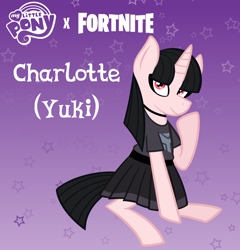 Size: 768x800 | Tagged: safe, artist:cynicalsix, species:pony, species:unicorn, g4, black mane, charlotte, choker, clothing, crossover, eyeliner, female, fortnite, horn, jewelry, makeup, mare, necklace, pink coat, ponified, sitting, skirt, solo, species swap