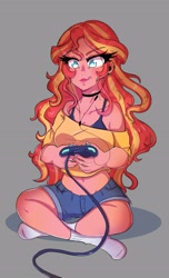 Size: 2293x3778 | Tagged: safe, artist:midoriya_shouto, manebooru original, character:sunset shimmer, species:human, g4, my little pony:equestria girls, art challenge, choker, clothing, game controller, gamer sunset, humanized, jewelry, manechat challenge, necklace, shorts, socks, solo, species swap