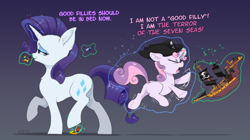 Size: 3988x2236 | Tagged: safe, artist:xbi, character:rarity, character:sweetie belle, species:pony, species:unicorn, g4, best sisters, clothing, crossover, cute, diasweetes, eyes closed, female, filly, glowing horn, gradient background, hat, horn, imminent pain, lego, levitation, magic, magic aura, mare, pirate, pirate hat, pirate ship, profile, pure unfiltered evil, ship, signature, stepping on a lego, tabun art-battle finished after, telekinesis, this will not end well, young