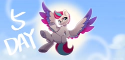 Size: 4096x1982 | Tagged: safe, artist:oofycolorful, character:zipp storm, species:pegasus, species:pony, g5, my little pony: a new generation, 5, cloud, countdown, eyebrows, female, flying, heart, hoof heart, hoof on hip, mare, sky, smiling, solo, sun, unshorn fetlocks