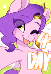 Size: 1260x1796 | Tagged: safe, artist:oofycolorful, character:pipp petals, species:pegasus, species:pony, g5, adorapipp, blep, chest fluff, countdown, cute, eye clipping through hair, eyebrows, eyebrows visible through hair, female, mare, one eye closed, pipp wings, selfie, solo, tongue out, wink