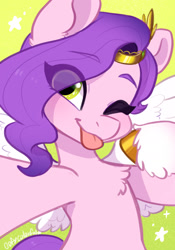 Size: 1260x1796 | Tagged: safe, alternate version, artist:oofycolorful, character:pipp petals, species:pegasus, species:pony, g5, adorapipp, blep, chest fluff, cute, eye clipping through hair, eyebrows, eyebrows visible through hair, female, mare, one eye closed, pipp wings, selfie, solo, tongue out, wink