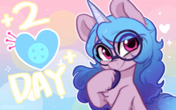 Size: 1920x1200 | Tagged: safe, artist:colorfulcolor233, part of a set, character:izzy moonbow, species:pony, species:unicorn, g5, 2, bust, chest fluff, countdown, cute, cutie mark, eye clipping through hair, eyebrows, eyebrows visible through hair, female, glasses, gradient mane, heart, hoof on chin, hooves, izzybetes, looking at you, mare, round glasses, smiling, solo, text