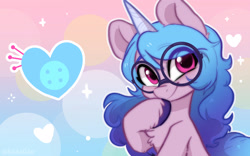 Size: 1920x1200 | Tagged: safe, alternate version, artist:colorfulcolor233, character:izzy moonbow, species:pony, species:unicorn, g5, bust, chest fluff, cute, cutie mark, eye clipping through hair, female, glasses, gradient mane, heart, hoof on chin, hooves, izzybetes, looking at you, mare, round glasses, smiling, solo