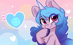 Size: 1920x1200 | Tagged: safe, alternate version, artist:oofycolorful, part of a set, character:izzy moonbow, species:pony, species:unicorn, g5, bust, chest fluff, cute, cutie mark, eye clipping through hair, eyebrows, eyebrows visible through hair, female, gradient hair, heart, izzybetes, looking at you, mare, solo