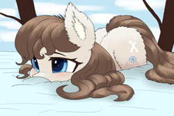 Size: 3600x2400 | Tagged: safe, artist:ahobobo, oc, oc:frosty flakes, species:earth pony, species:pony, g4, colored pupils, ear fluff, female, fluffy, high res, looking away, lying down, outdoors, prone, snow, snow mare, solo, three quarter view, yakutian horse
