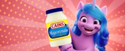 Size: 2048x835 | Tagged: safe, edit, edited screencap, screencap, character:izzy moonbow, species:pony, species:unicorn, g5, gradient hair, holding, hoof hold, mayonnaise, meme, open mouth, smiling, solo