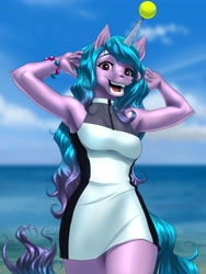 Size: 3072x4096 | Tagged: safe, artist:mykegreywolf, character:izzy moonbow, species:anthro, species:pony, species:unicorn, g5, childproof horn, clothing, cloud, dress, explicit source, female, gradient hair, horn, izzy's tennis ball, looking at you, mare, minidress, ocean, open mouth, sky, sleveless, smiling, solo, tennis ball, water